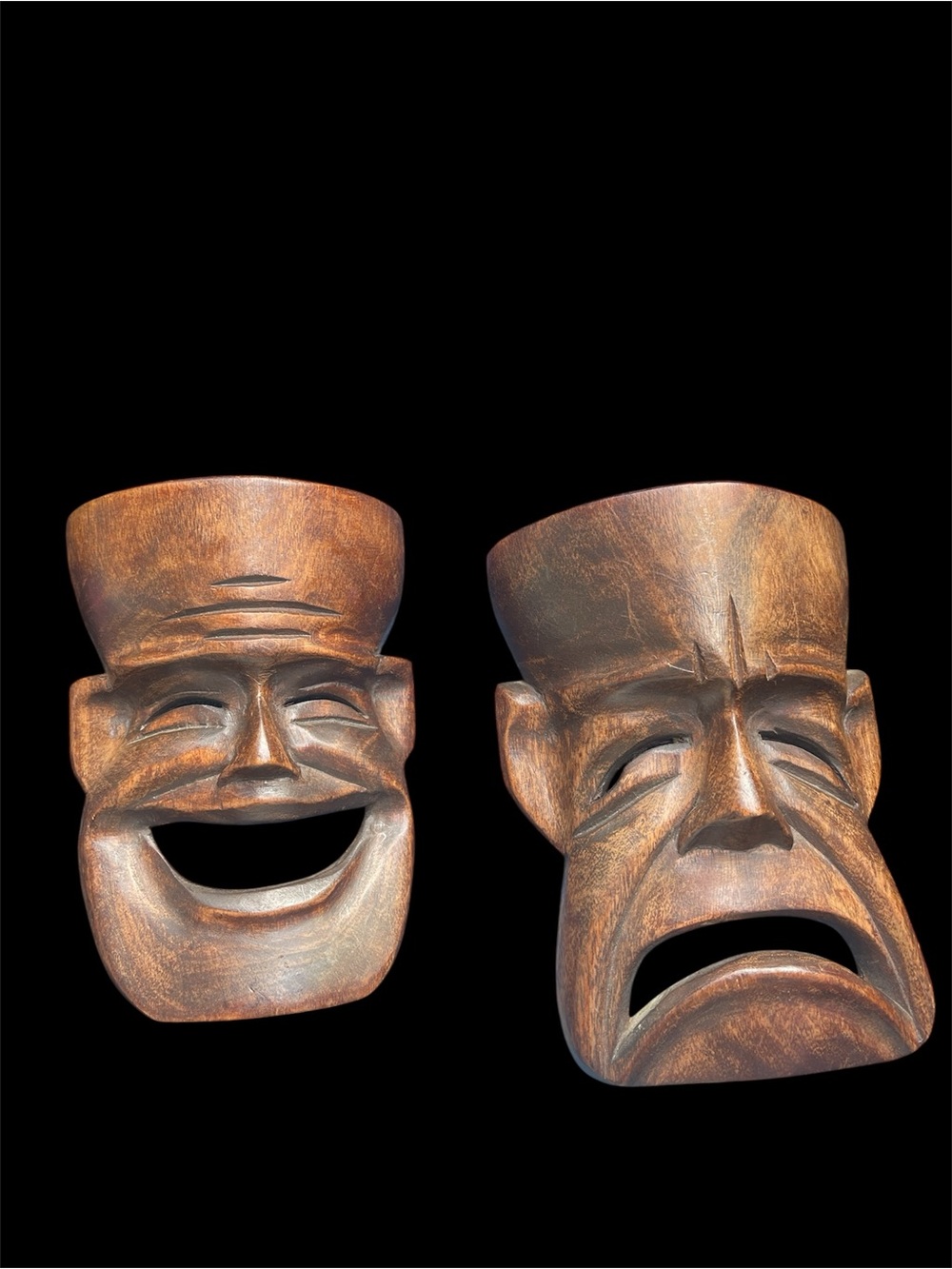 Boho MCM Teak Wood Carved Comedy Tragedy Masks Plaque Theater Drama Tiki Vintage